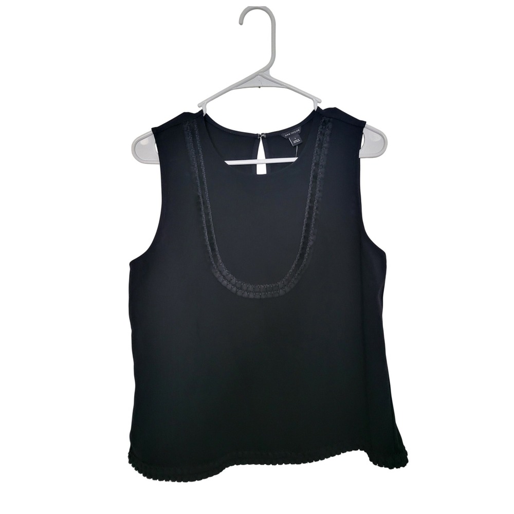 Ann Taylor Blouse Womens S Black Sleeveless Embroidered Trim Keyhole Back NEW